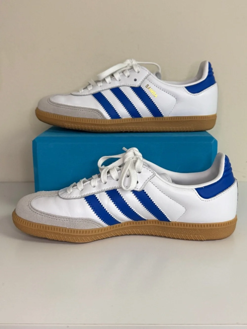 Adidas: Kids' Grade School Samba OG Shoes, Blue / White / Gum Sole, Size Y4.5